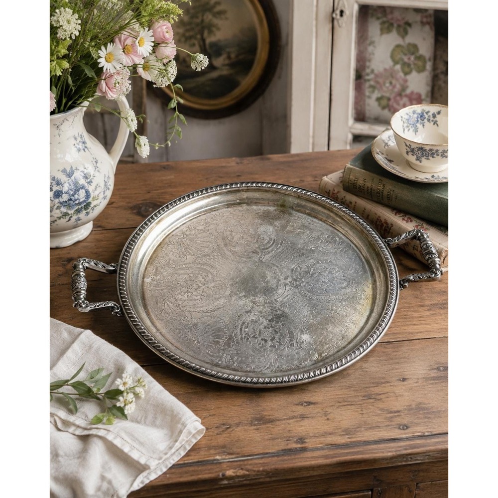 Vintage Silverplate Round Serving Tray Ornate Engraved Floral Handles 16"